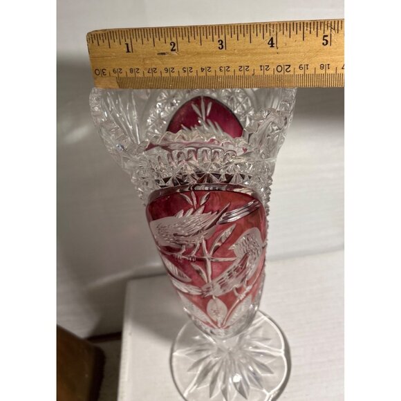 Hofbauer Byrdes Crystal Vase With Bird Motif & Ruby Red Overlay 10.5" Tall Vtg - Picture 10 of 13